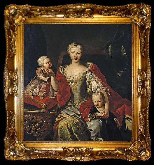 framed  Martin van Meytens Portrait of Polyxena Christina of Hesse-Rotenburg with her two oldest children, the future Victor Amadeus III and Princess Eleonora, ta009-2
